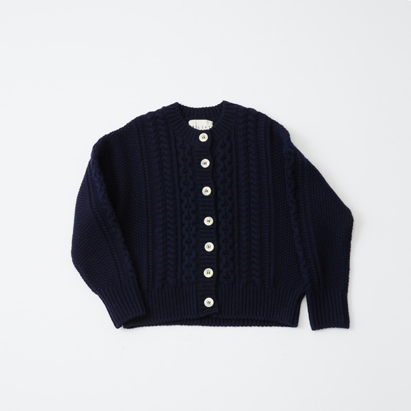 Lamswool aran knit cardigan_Navy