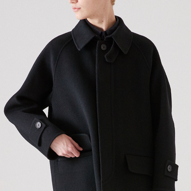 Hand-made Inverted pleats balmacaan coat_Black