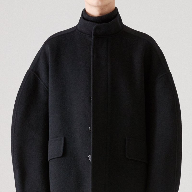 Hand-made highneck overfit short coat_Black